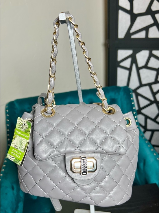 Badgley Mischka Handbags - Badgley Mischka Quilted Light Gray Vegan Leather Backpack Bag w/ Chain Strap NWT